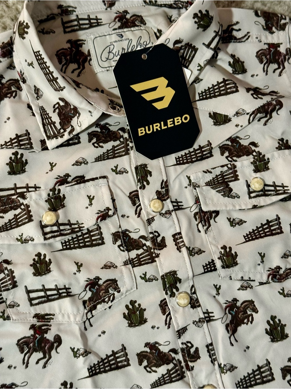 BURLEBO White Western Print Snap Shirt Everyday Wear Polo
